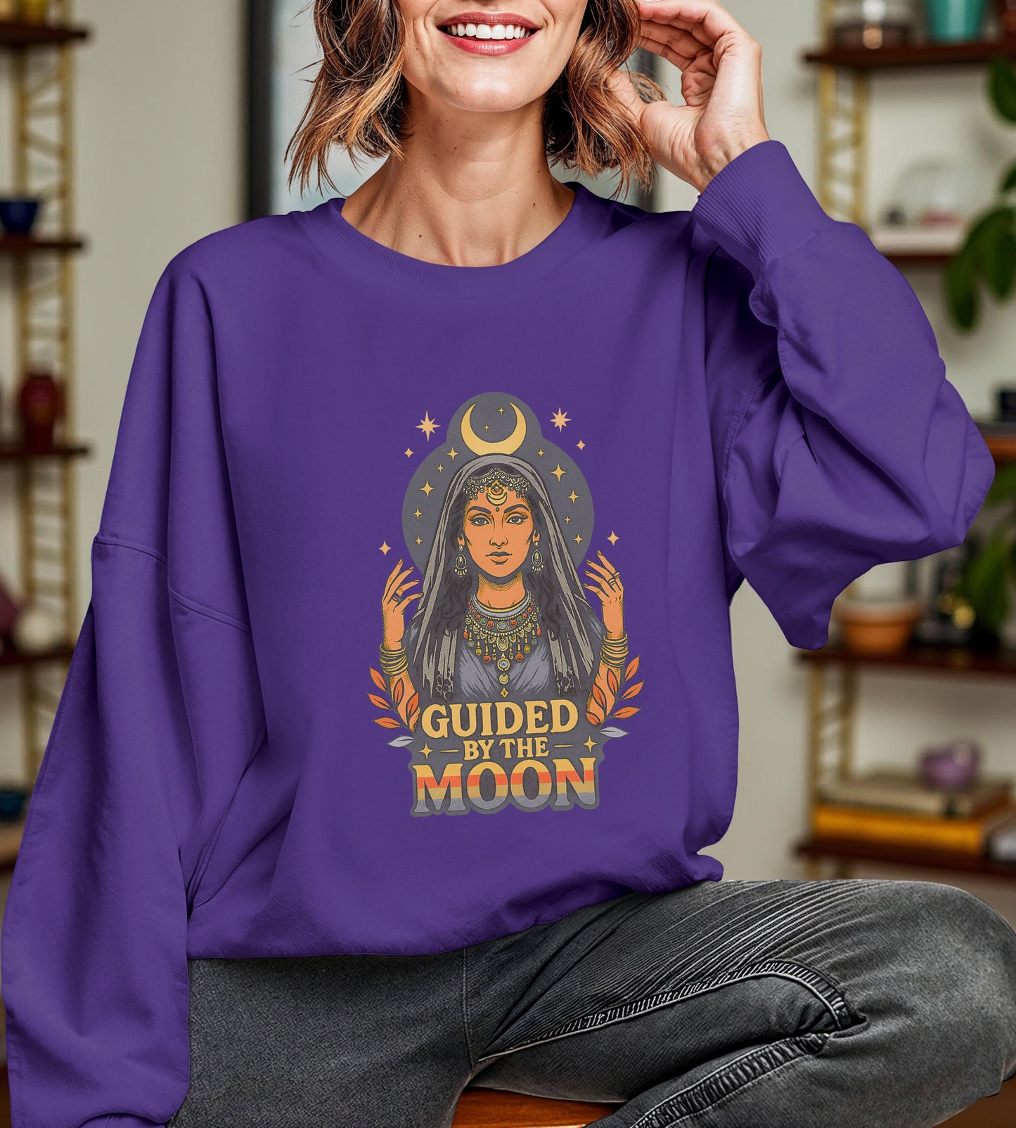 Guided by the Moon Sweatshirt, Celestial Graphic Pullover, Moon Phase Cozy Top, Astrology Gift, Gildan 18000 Sweatshirt