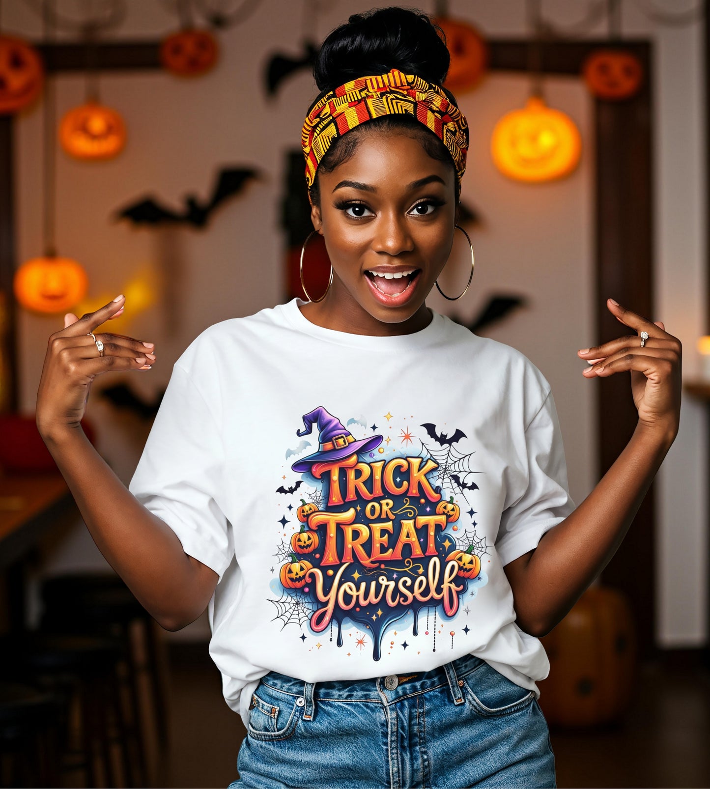Trick or Treat Yourself Halloween Shirt | Funny Witch Pumpkin Graphic Tee | Spooky Unisex Costume T-Shirt | Cute Halloween Party Top