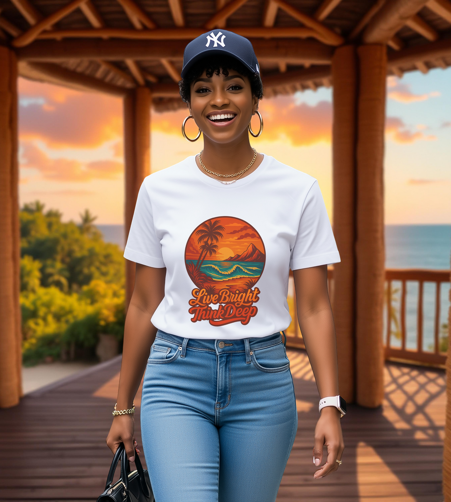 Retro Sunset Ocean Wave Graphic Tee - Live Bright Think Deep T-Shirt, Palm Tree Beach Shirt, Inspirational Typography, Unisex Bella Canvas