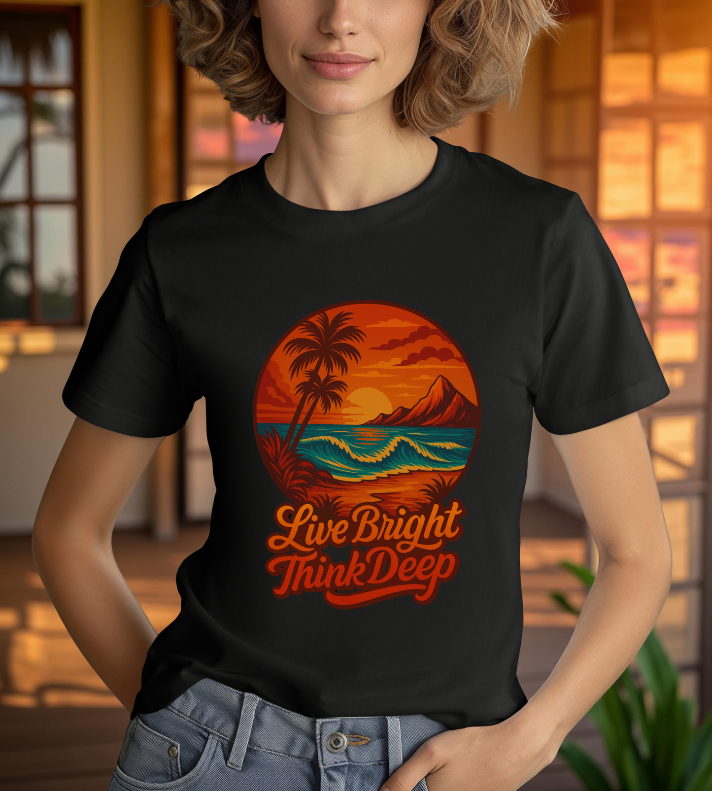 Retro Sunset Ocean Wave Graphic Tee - Live Bright Think Deep T-Shirt, Palm Tree Beach Shirt, Inspirational Typography, Unisex Bella Canvas