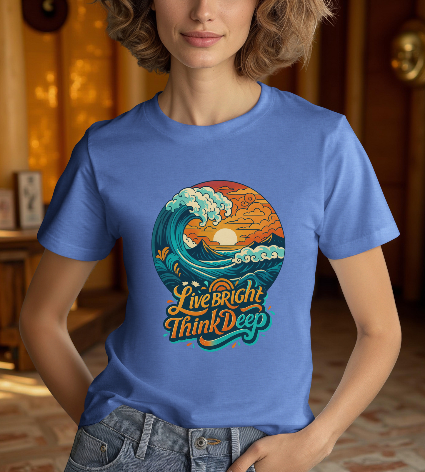 Retro Ocean Wave Sunset T-Shirt, Inspirational Typography Tee, Unisex Graphic Top, Gift for Men & Women, Live Bright Think Deep Shirt