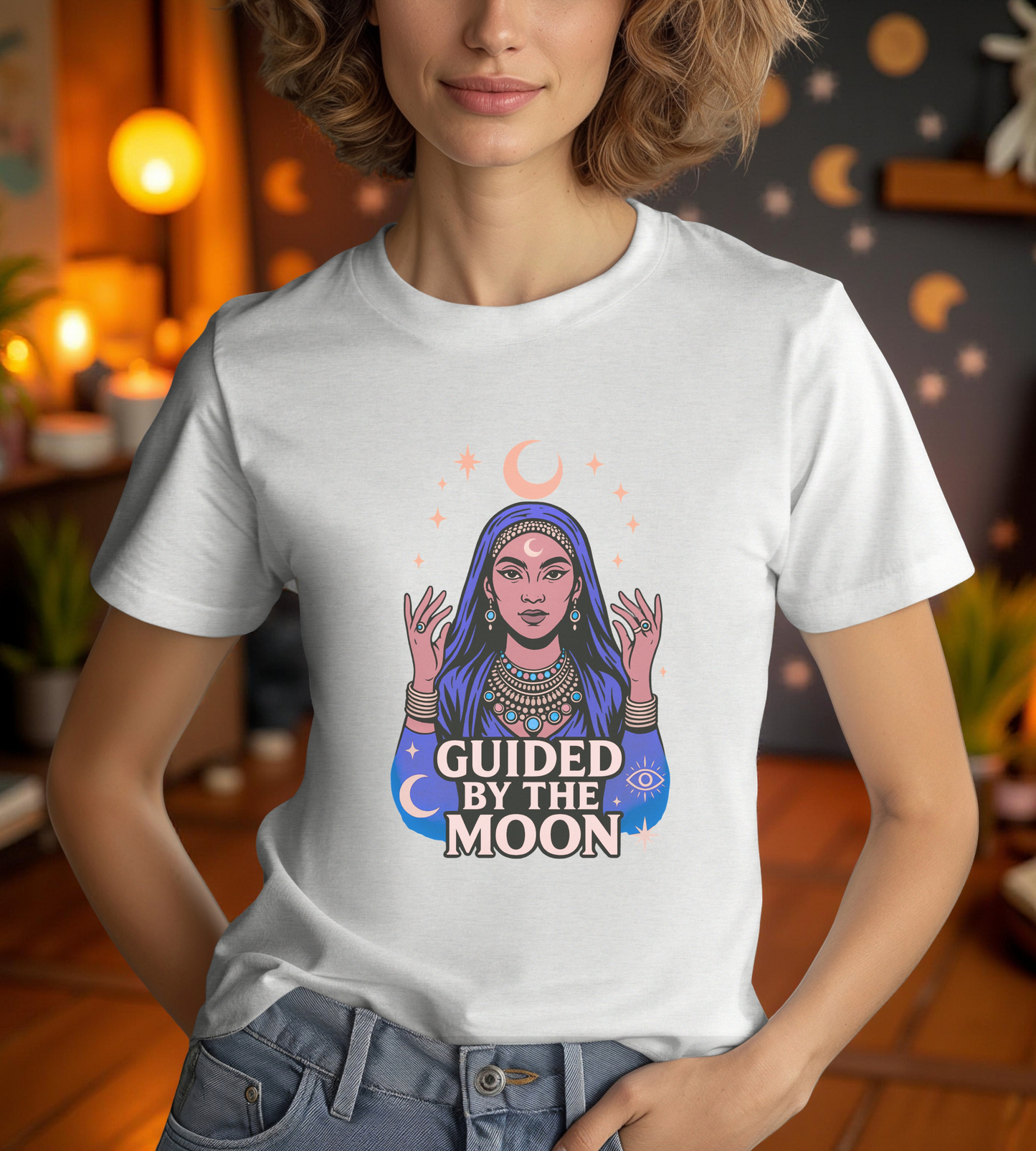 Guided by the Moon T Shirt, Mystical Celestial Graphic Tee, Spiritual Astrology Unisex Top, Moon Phase Witchy Gift for Moon Lovers - Unisex