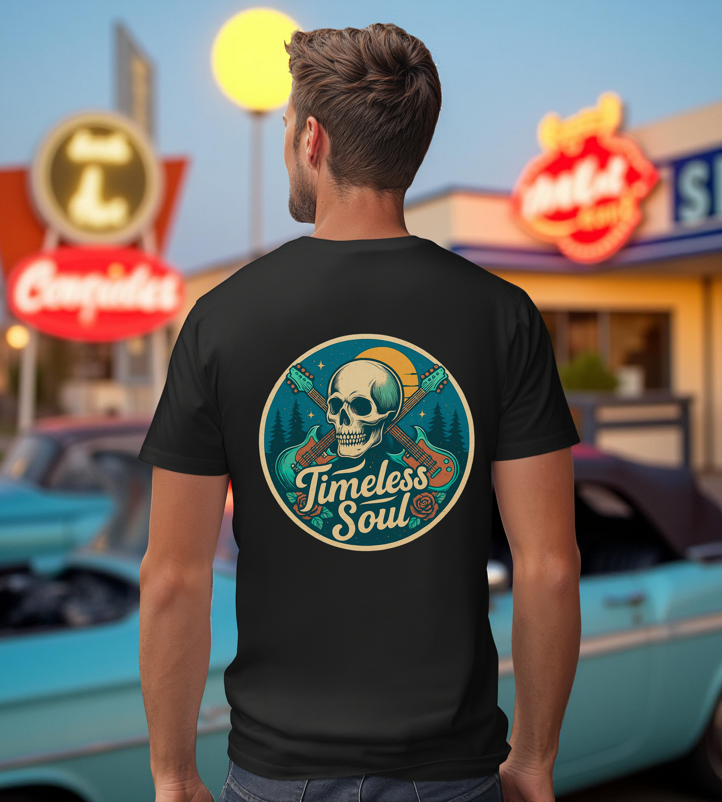 Timeless Soul Rock T-Shirt - Retro Skull and Guitars Graphic Tee, Vintage Rock & Roll Band Shirt, Gothic Music Festival Unisex Top,