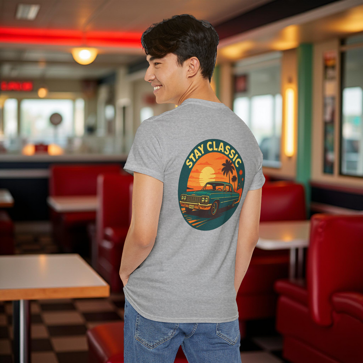 Stay Classic Car T-Shirt | Retro Lowrider Sunset Graphic Tee | Gildan 5000