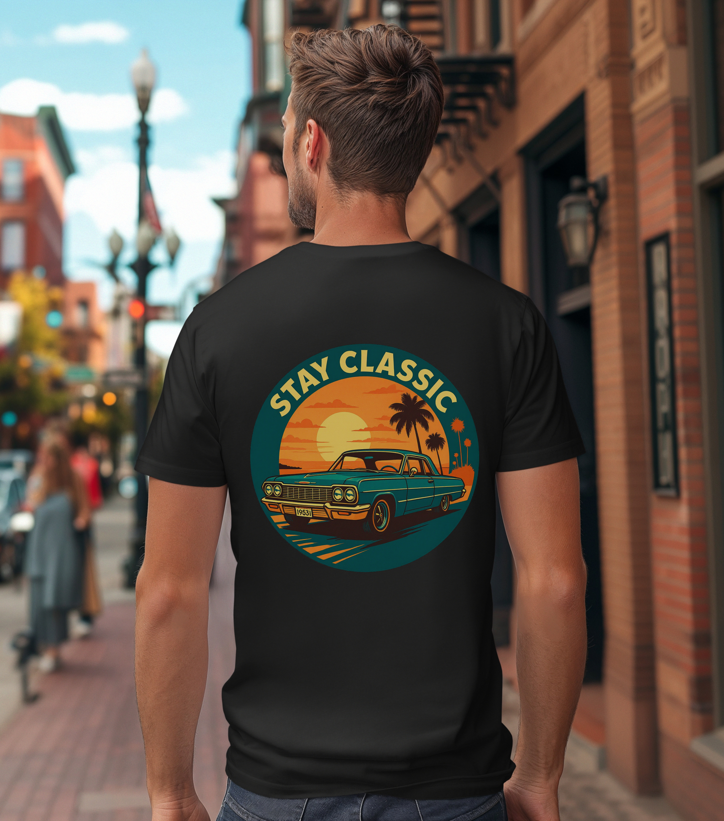 Stay Classic Car T-Shirt | Retro Lowrider Sunset Graphic Tee | Gildan 5000