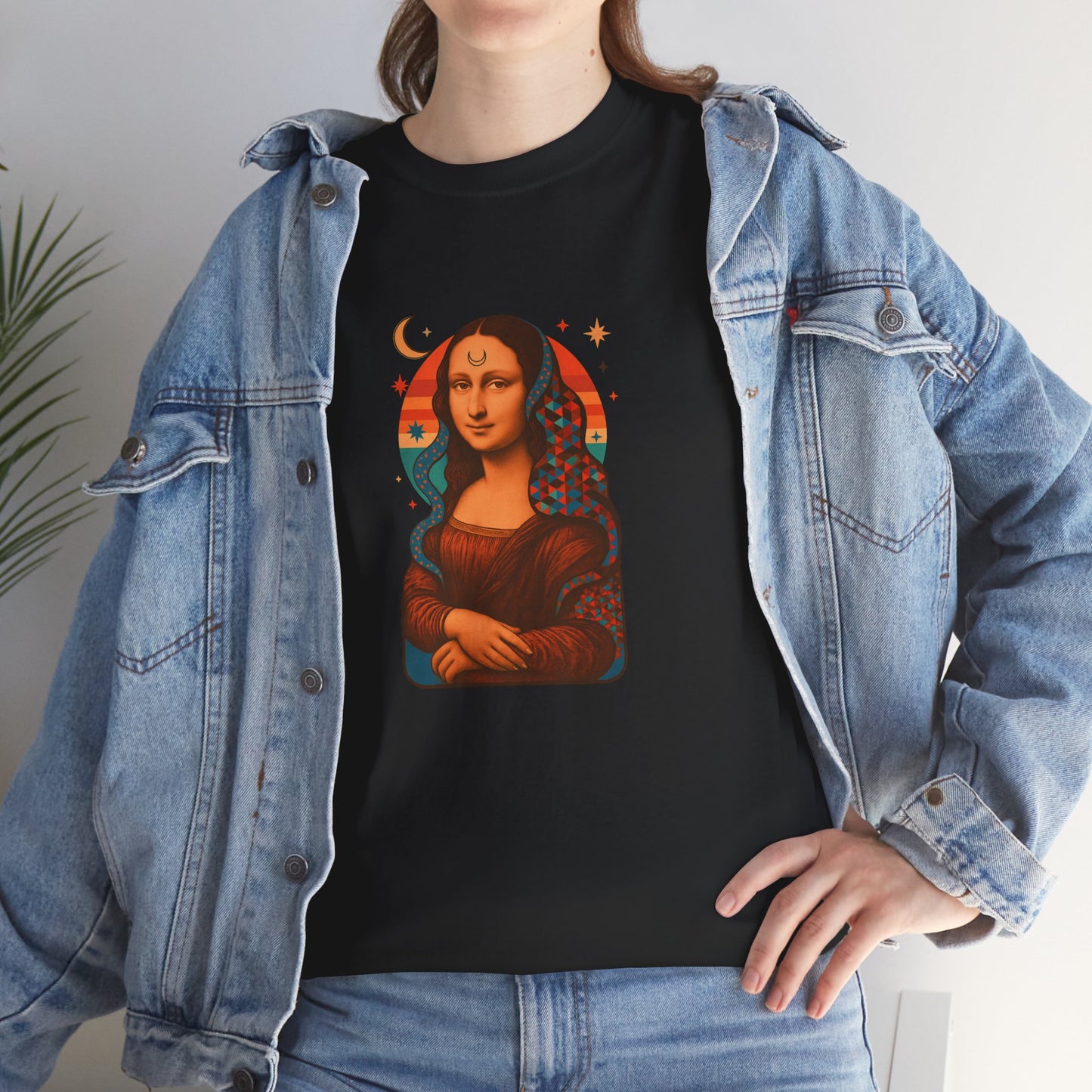 Psychedelic Mona Lisa Gildan 5000 Shirt - Trippy Retro Art Graphic Tee, Colorful Geometric Celestial Design, Vintage Aesthetic T-Shirt