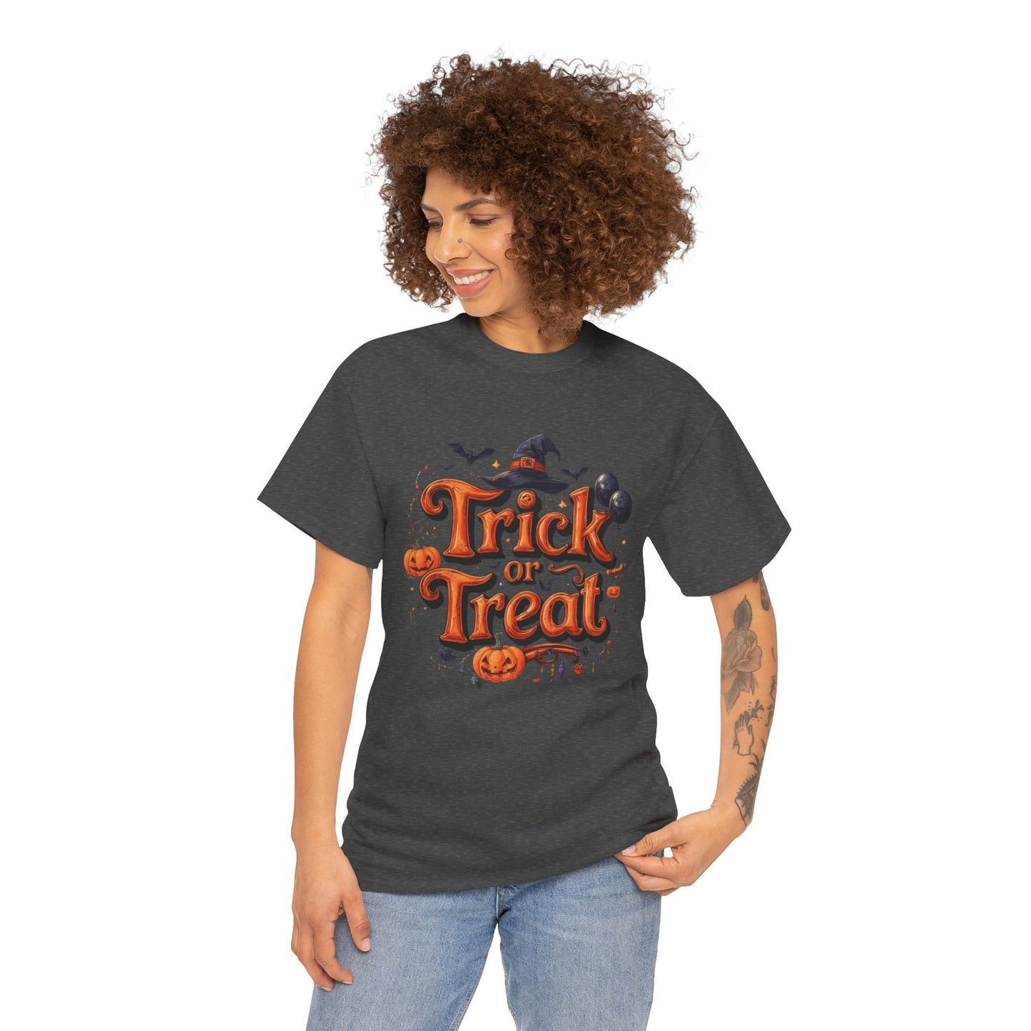 Trick or Treat Halloween Shirt | Spooky Pumpkin Witch Hat Graphic Tee | Funny Unisex Costume T-Shirt | Cute Halloween Party Top
