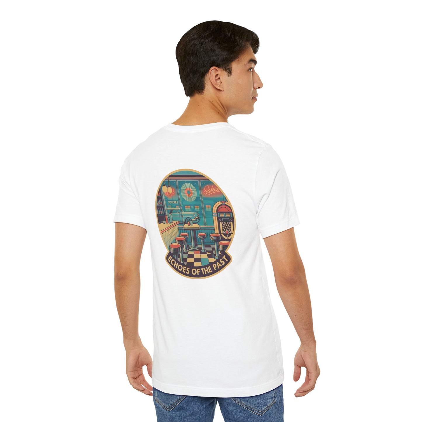 Echoes of the Past Retro Diner T-Shirt – Bella Canvas 3001 Unisex Vintage 80s Jukebox Neon Graphic Tee
