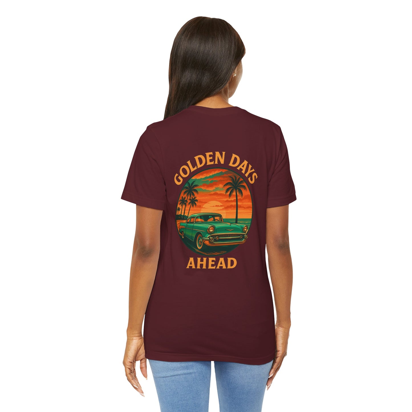 Golden Days Ahead Retro Car T-Shirt, Vintage Classic 50s Tee, Coastal Sunset Palm Trees, Unisex Jersey Shirt, Bella Canvas 3001, Men Women,