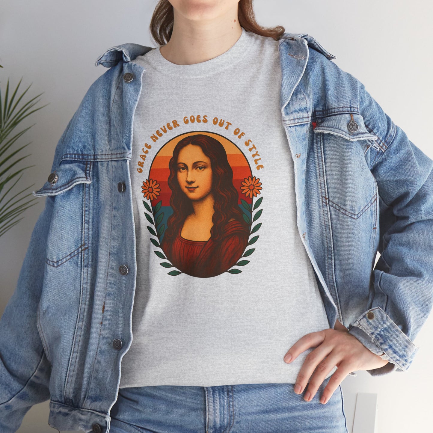 Retro Mona Lisa Unisex Heavy Cotton Tee - Vintage Aesthetic Graphic Shirt, 70s Art Tee, Trendy Gildan 5000 Top, Grace Never Goes Out of