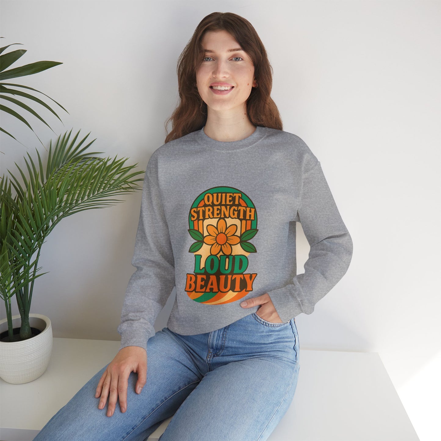 Retro Flower Sweatshirt, 70s Vintage Boho Crewneck, Positive Affirmation Graphic Pullover, Women Men Shirt, Gildan 18000, Quiet Strength