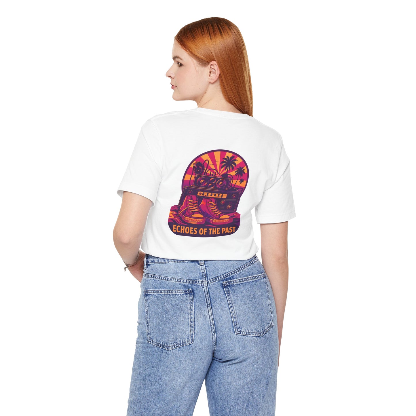 Echoes of the Past Retro Sunset T-Shirt – Bella Canvas 3001 Unisex 80s Vaporwave Graphic Tee, Vintage Music Lover Shirt