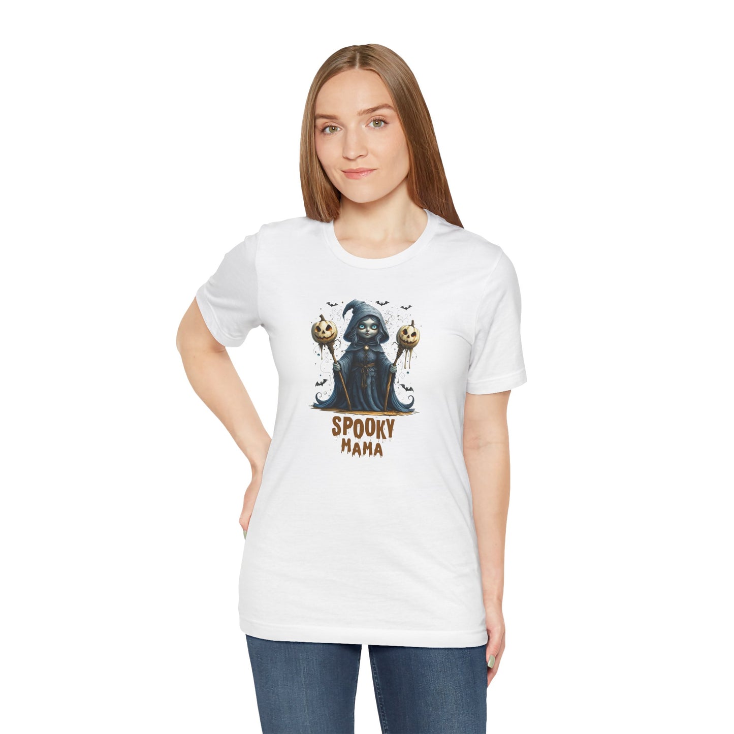 Spooky Mama Halloween Shirt – Gothic Witch Pumpkin Graphic Tee – Bella Canvas 3001 – Cute Halloween T-Shirt for Women