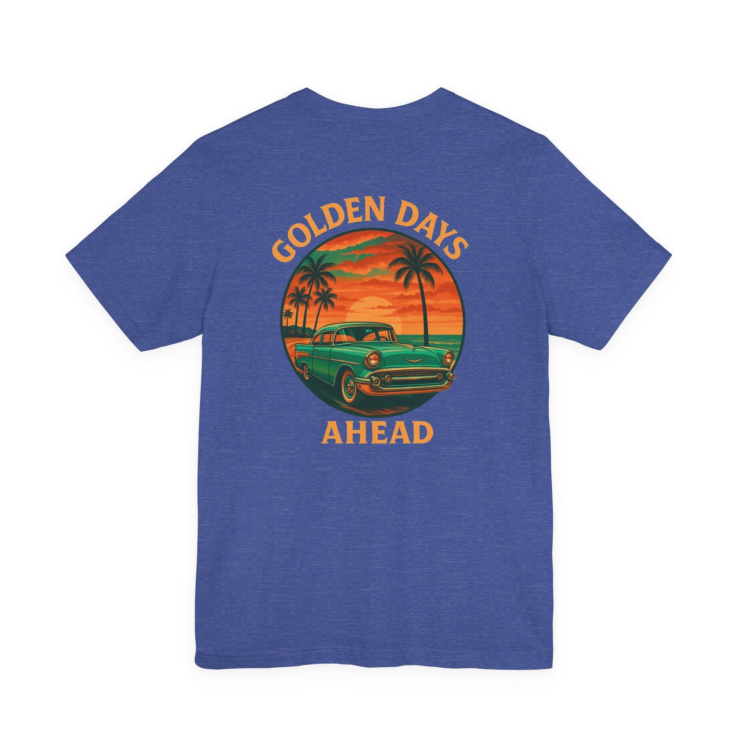 Golden Days Ahead Retro Car T-Shirt, Vintage Classic 50s Tee, Coastal Sunset Palm Trees, Unisex Jersey Shirt, Bella Canvas 3001, Men Women,