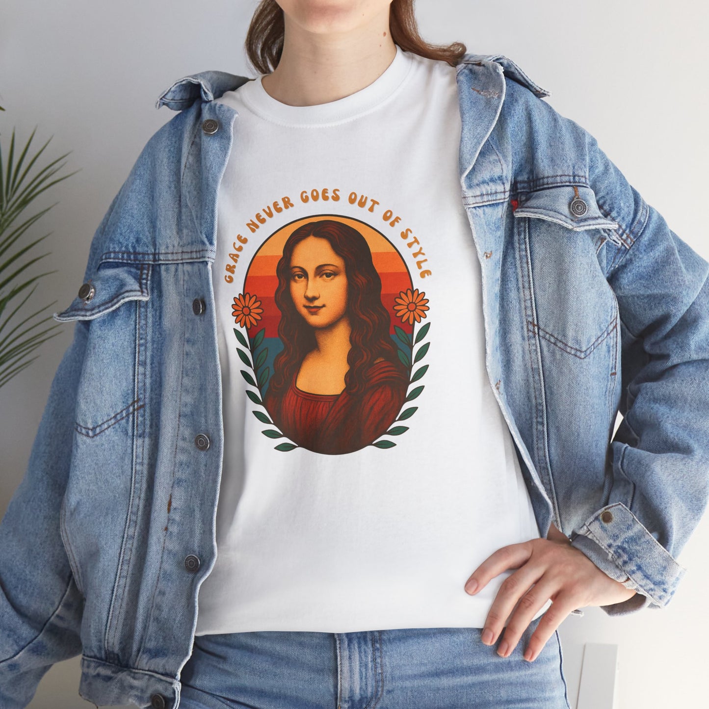 Retro Mona Lisa Unisex Heavy Cotton Tee - Vintage Aesthetic Graphic Shirt, 70s Art Tee, Trendy Gildan 5000 Top, Grace Never Goes Out of