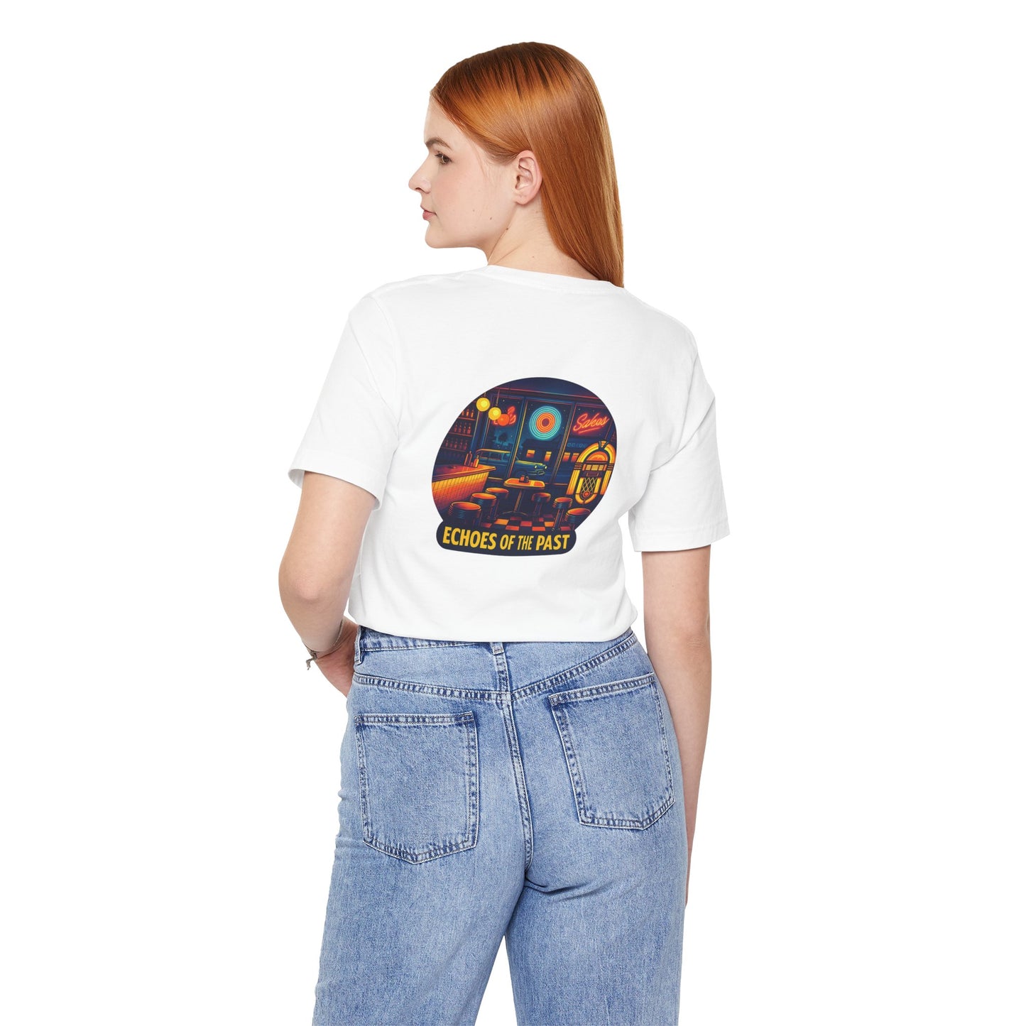 Echoes of the Past Retro Diner T-Shirt – Bella Canvas 3001 Unisex Vintage 80s Jukebox Neon Graphic Tee
