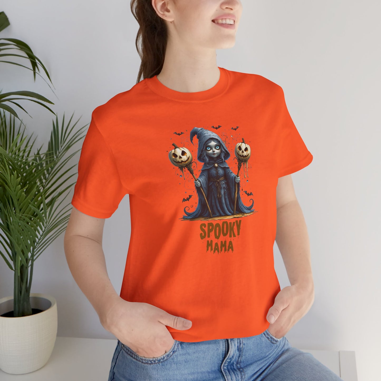 Spooky Mama Halloween Shirt – Gothic Witch Pumpkin Graphic Tee – Bella Canvas 3001 – Cute Halloween T-Shirt for Women