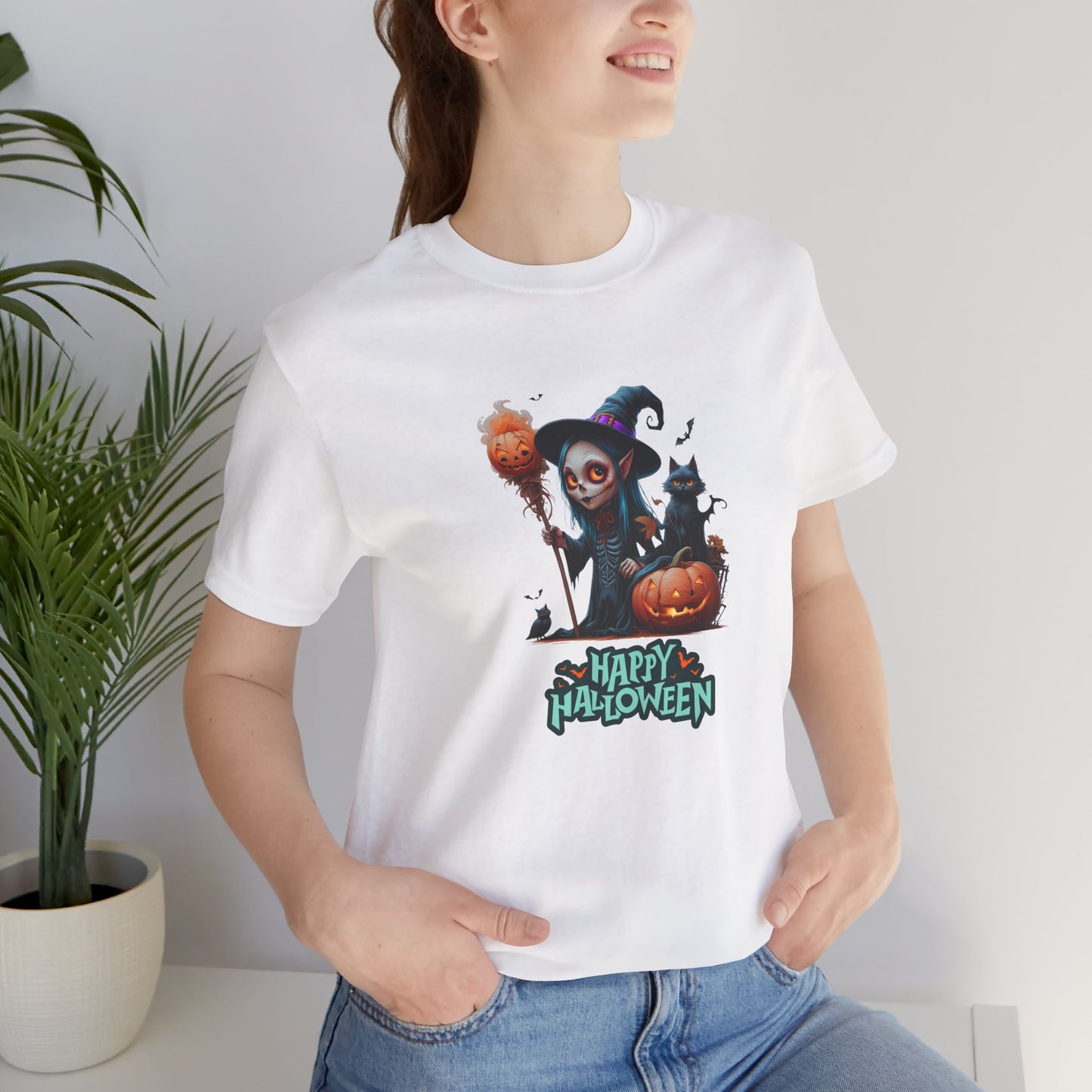 Happy Halloween Witch Shirt – Spooky Pumpkin Cat Graphic Tee – Bella Canvas 3001 – Unisex Halloween T-Shirt for Women Men