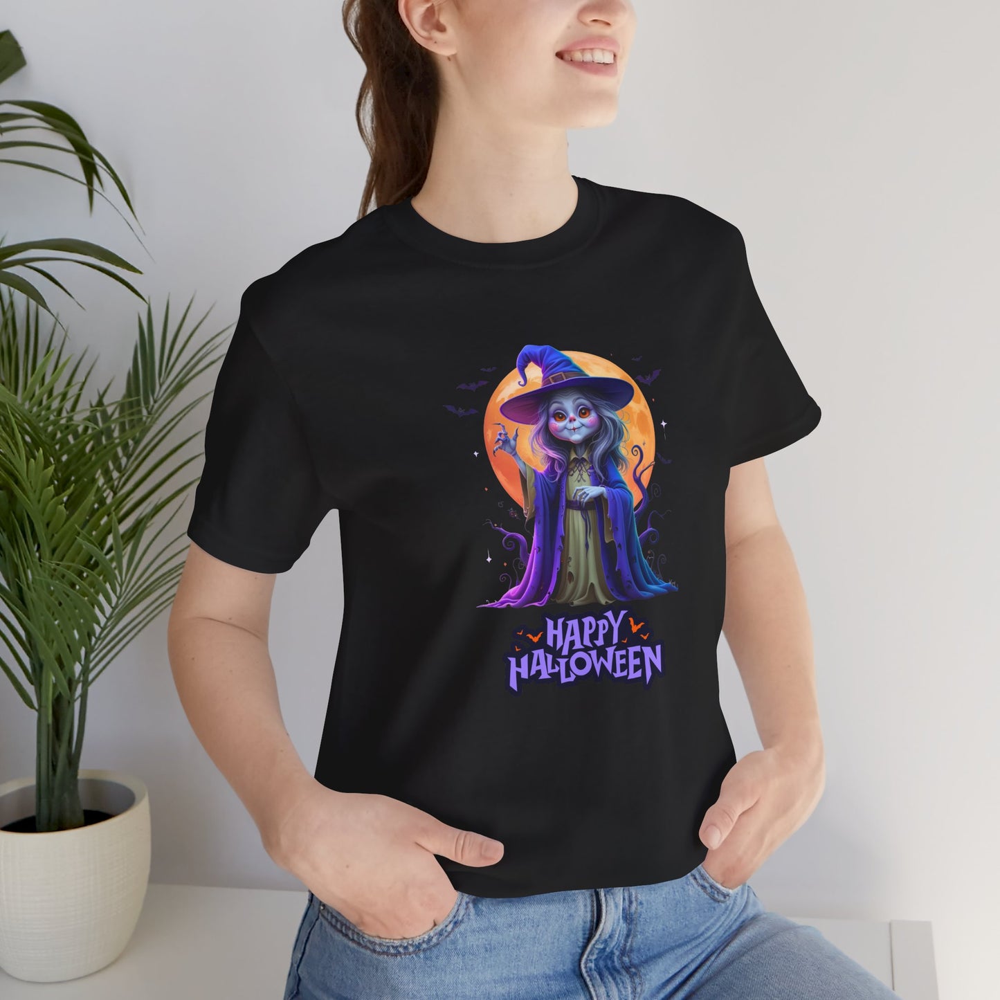 Happy Halloween Witch Shirt – Spooky Full Moon Graphic Tee – Bella Canvas 3001 – Unisex Halloween T-Shirt for Women Men