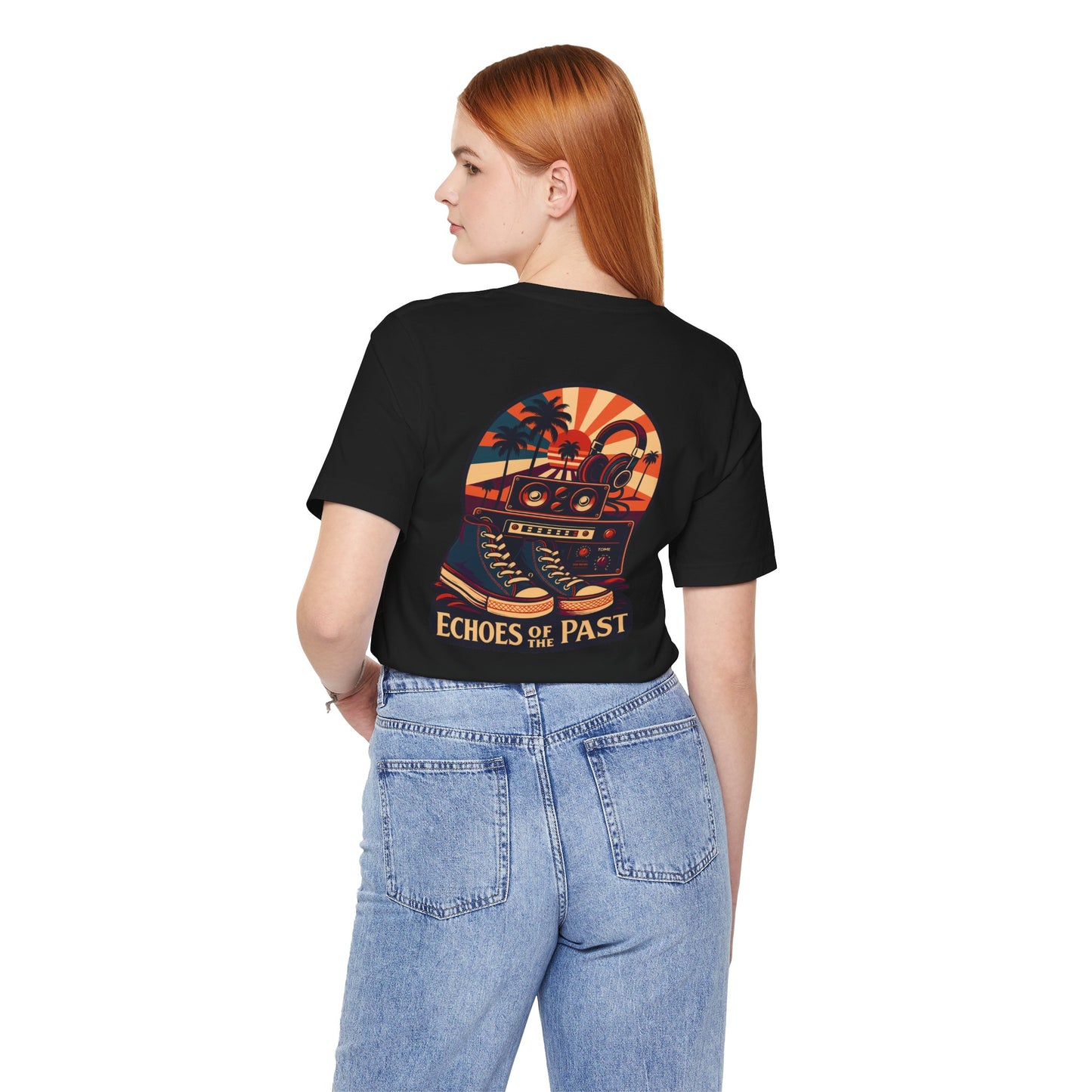 Echoes of the Past Retro Sunset T-Shirt – Bella Canvas 3001 Unisex Vintage 80s Palm Tree Music Graphic Tee