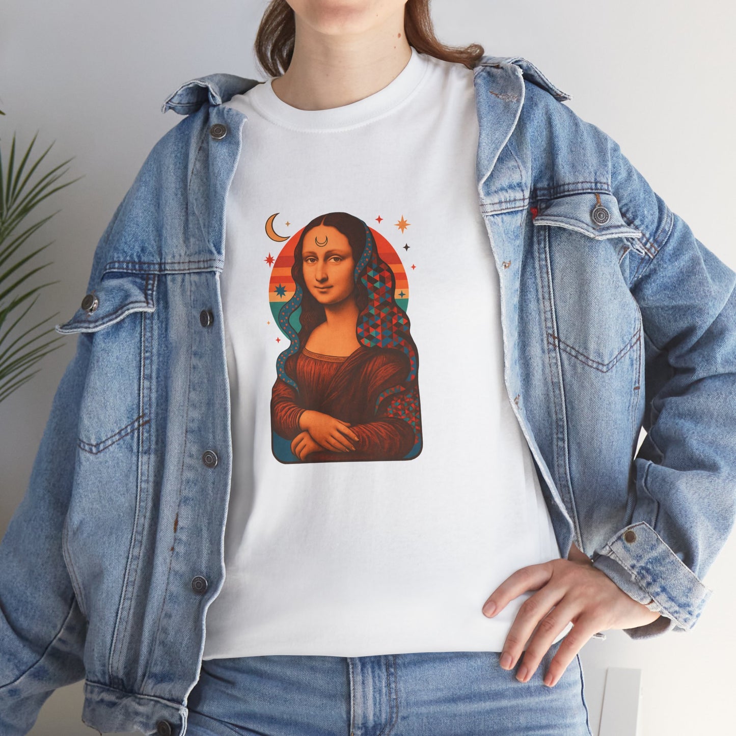 Psychedelic Mona Lisa Gildan 5000 Shirt - Trippy Retro Art Graphic Tee, Colorful Geometric Celestial Design, Vintage Aesthetic T-Shirt