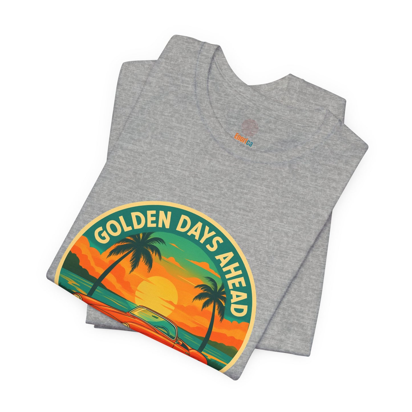 Golden Days Ahead Retro Convertible T-Shirt, Vintage Classic Car Graphic Tee, Sunset Beach Palm Trees - Unisex Jersey Short Sleeve Tee,