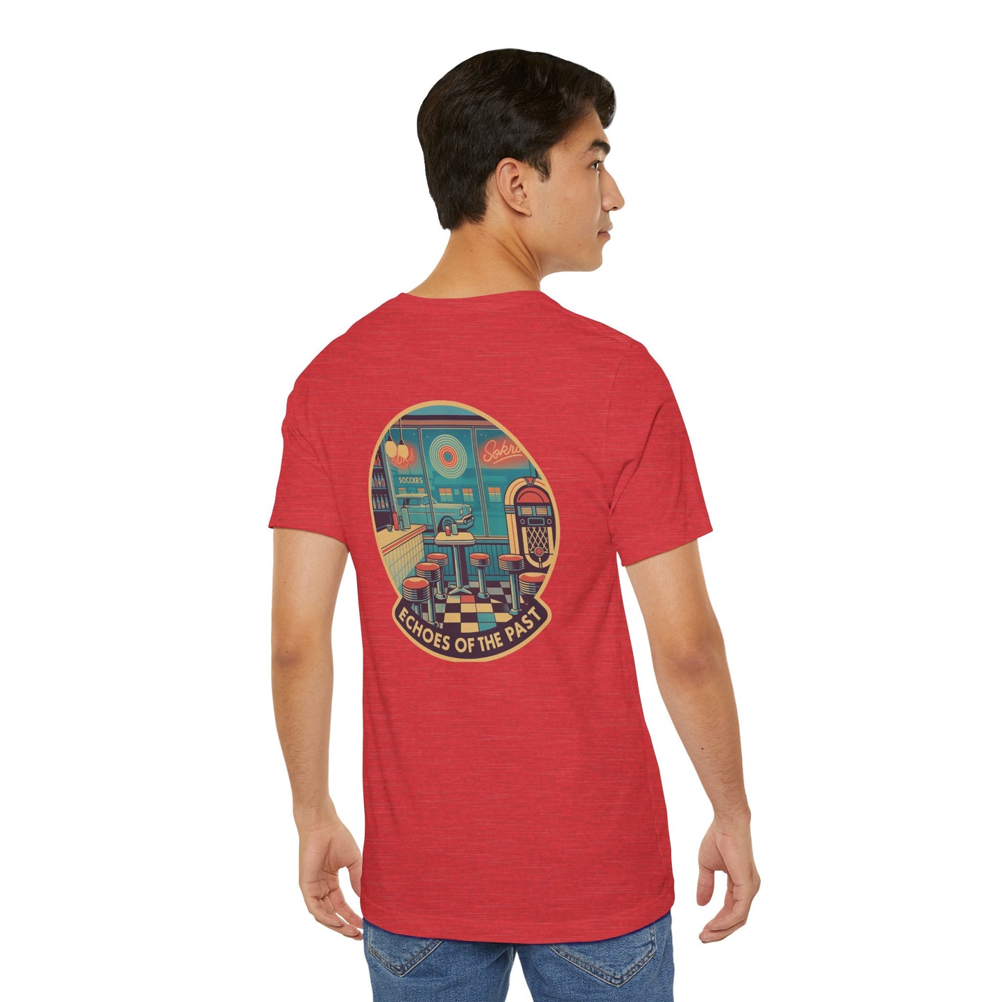 Echoes of the Past Retro Diner T-Shirt – Bella Canvas 3001 Unisex Vintage 80s Jukebox Neon Graphic Tee