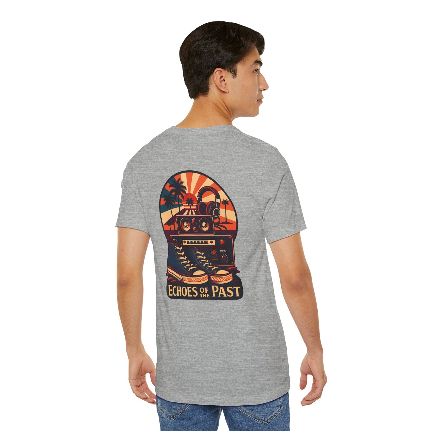 Echoes of the Past Retro Sunset T-Shirt – Bella Canvas 3001 Unisex Vintage 80s Palm Tree Music Graphic Tee