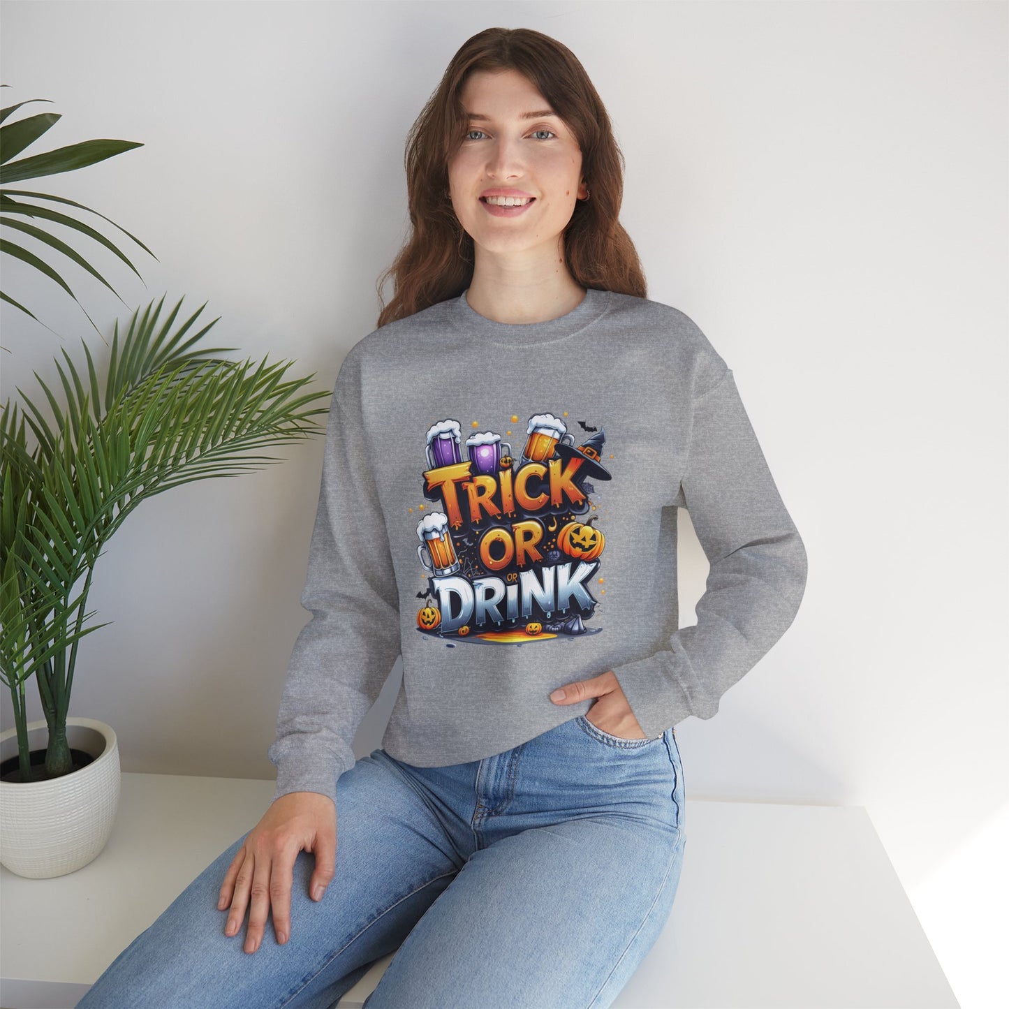 "Trick or Drink Halloween Sweatshirt – Unisex Cozy Crewneck, Spooky Season Fall Outfit, Funny Party Gift"
