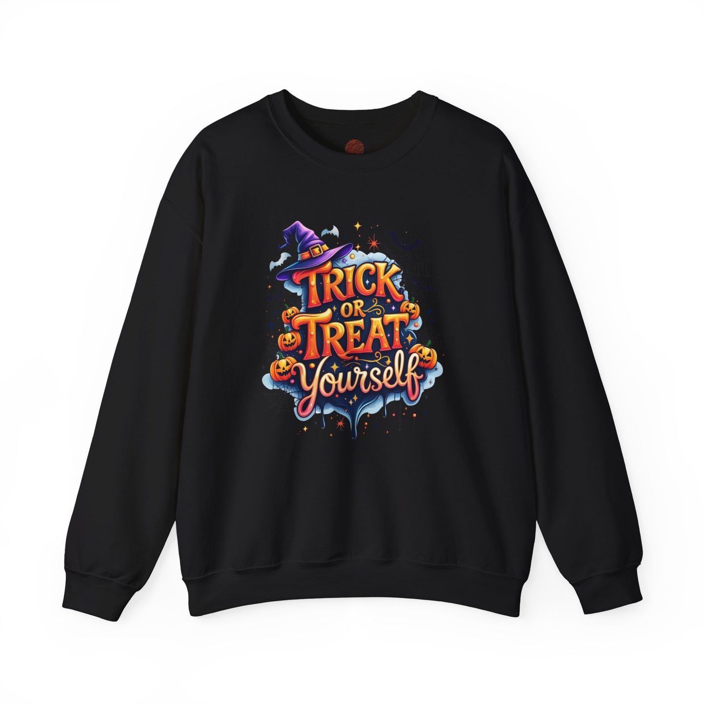 ''Trick or Treat Yourself'' Halloween Sweatshirt – Unisex Cozy Crewneck, Spooky Pumpkin & Witch Hat Graphic, Fall Aesthetic Pullover