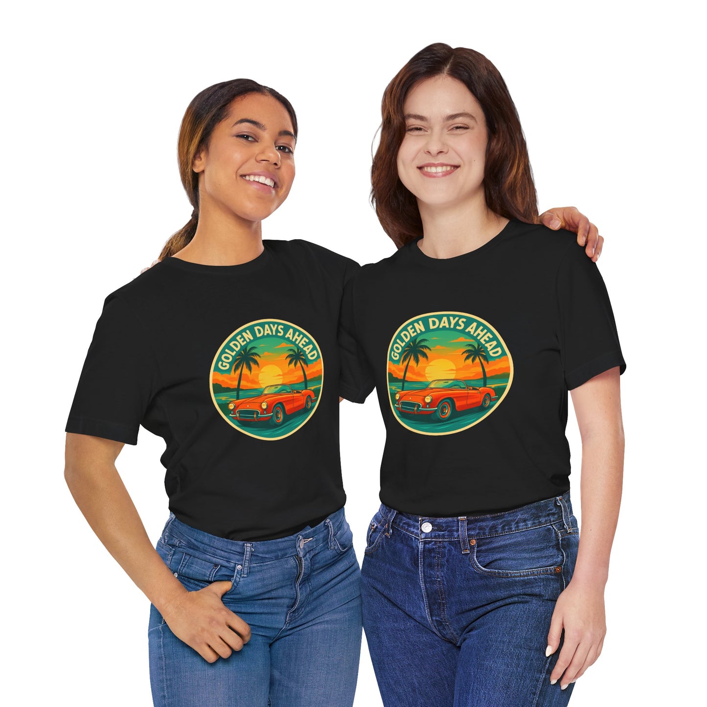 Golden Days Ahead Retro Convertible T-Shirt, Vintage Classic Car Graphic Tee, Sunset Beach Palm Trees - Unisex Jersey Short Sleeve Tee,