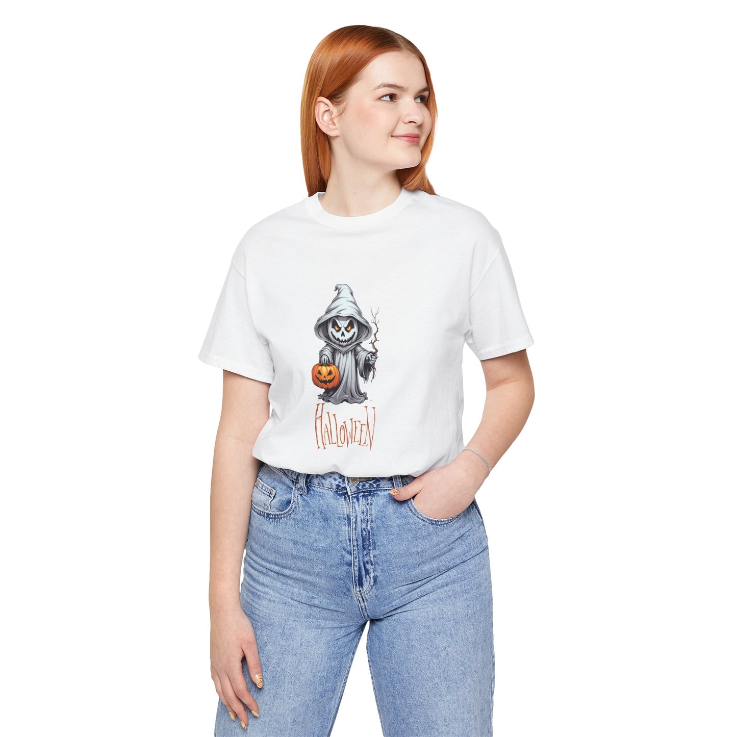 Halloween Ghost Shirt – Scary Pumpkin Graphic Tee – Bella Canvas 3001 – Spooky Unisex Halloween T-Shirt for Women Men