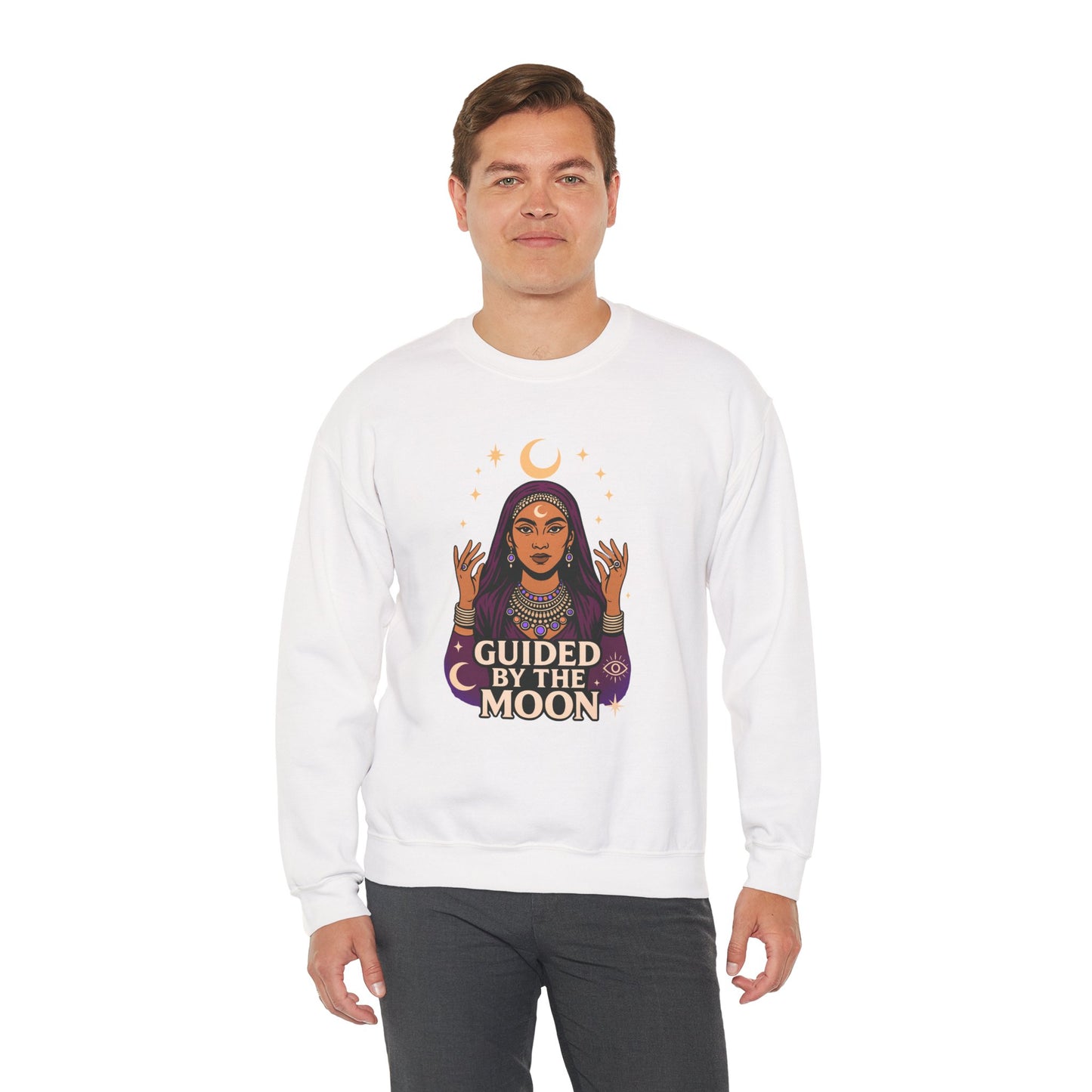 Guided by the Moon Sweatshirt, Mystical Celestial Graphic Pullover, Astrology Spiritual Unisex Crewneck, Moon Phase Cozy Gift, Celestial