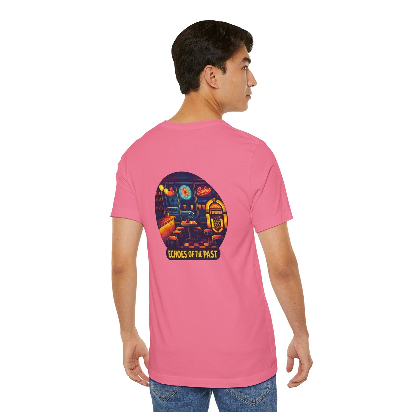 Echoes of the Past Retro Diner T-Shirt – Bella Canvas 3001 Unisex Vintage 80s Jukebox Neon Graphic Tee