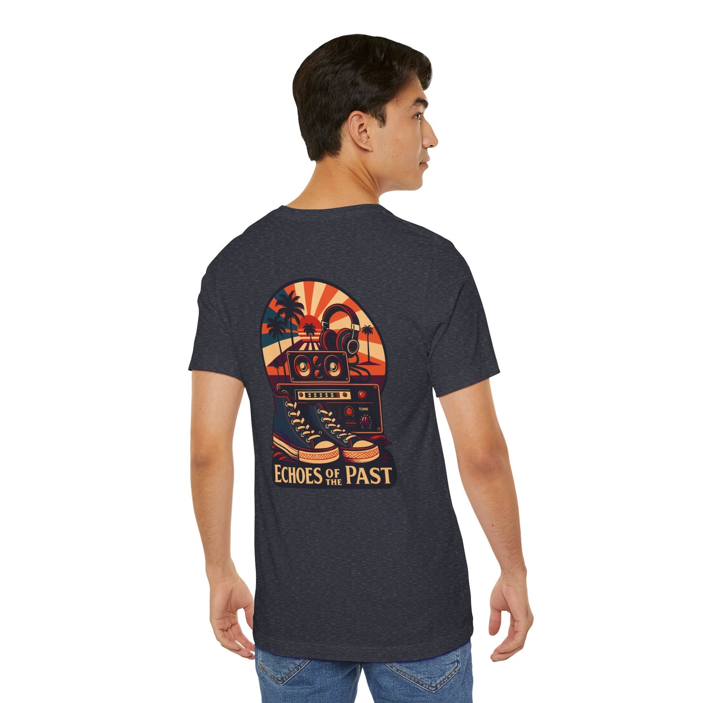 Echoes of the Past Retro Sunset T-Shirt – Bella Canvas 3001 Unisex Vintage 80s Palm Tree Music Graphic Tee
