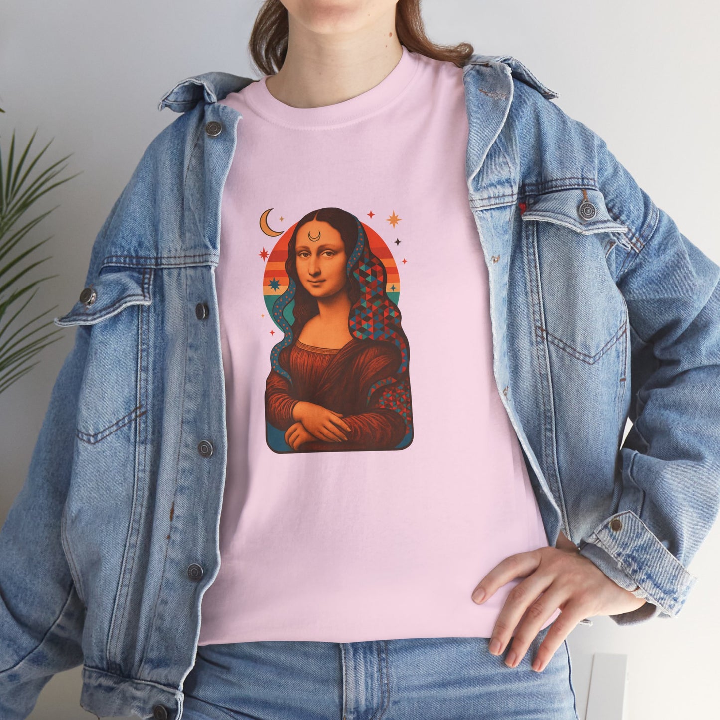 Psychedelic Mona Lisa Gildan 5000 Shirt - Trippy Retro Art Graphic Tee, Colorful Geometric Celestial Design, Vintage Aesthetic T-Shirt