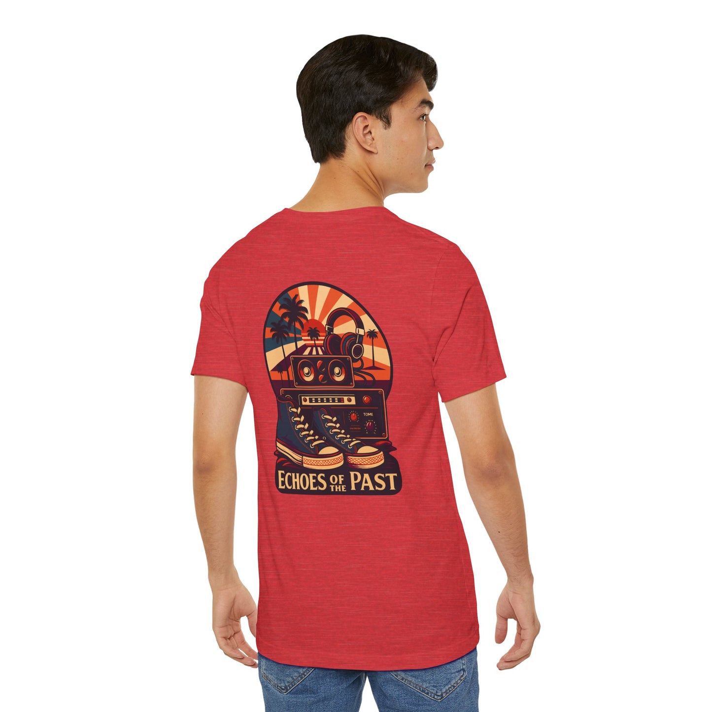 Echoes of the Past Retro Sunset T-Shirt – Bella Canvas 3001 Unisex Vintage 80s Palm Tree Music Graphic Tee