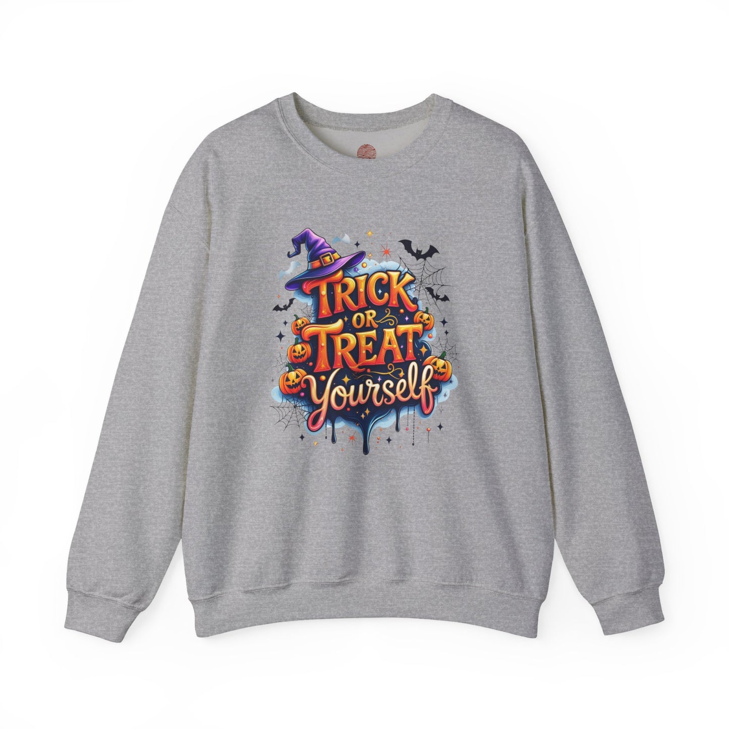 ''Trick or Treat Yourself'' Halloween Sweatshirt – Unisex Cozy Crewneck, Spooky Pumpkin & Witch Hat Graphic, Fall Aesthetic Pullover