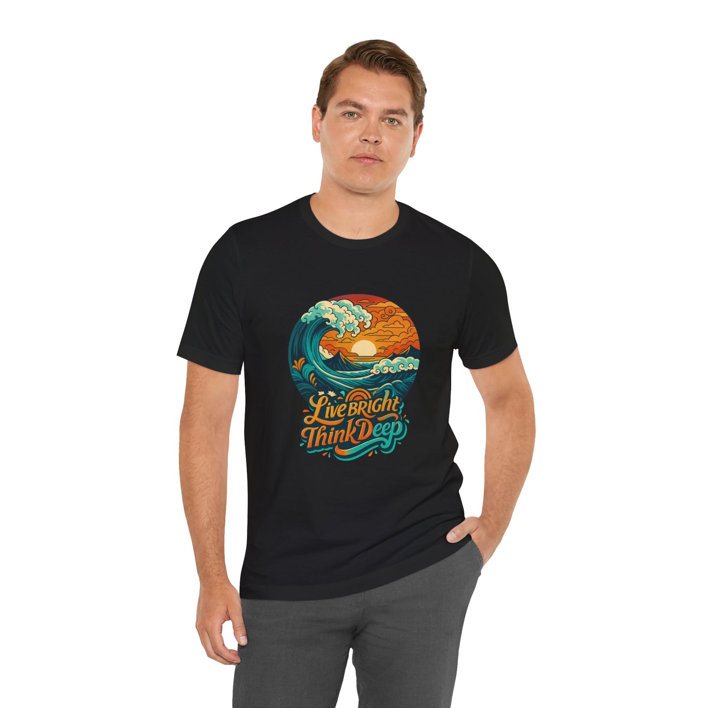Retro Ocean Wave Sunset T-Shirt, Inspirational Typography Tee, Unisex Graphic Top, Gift for Men & Women, Live Bright Think Deep Shirt