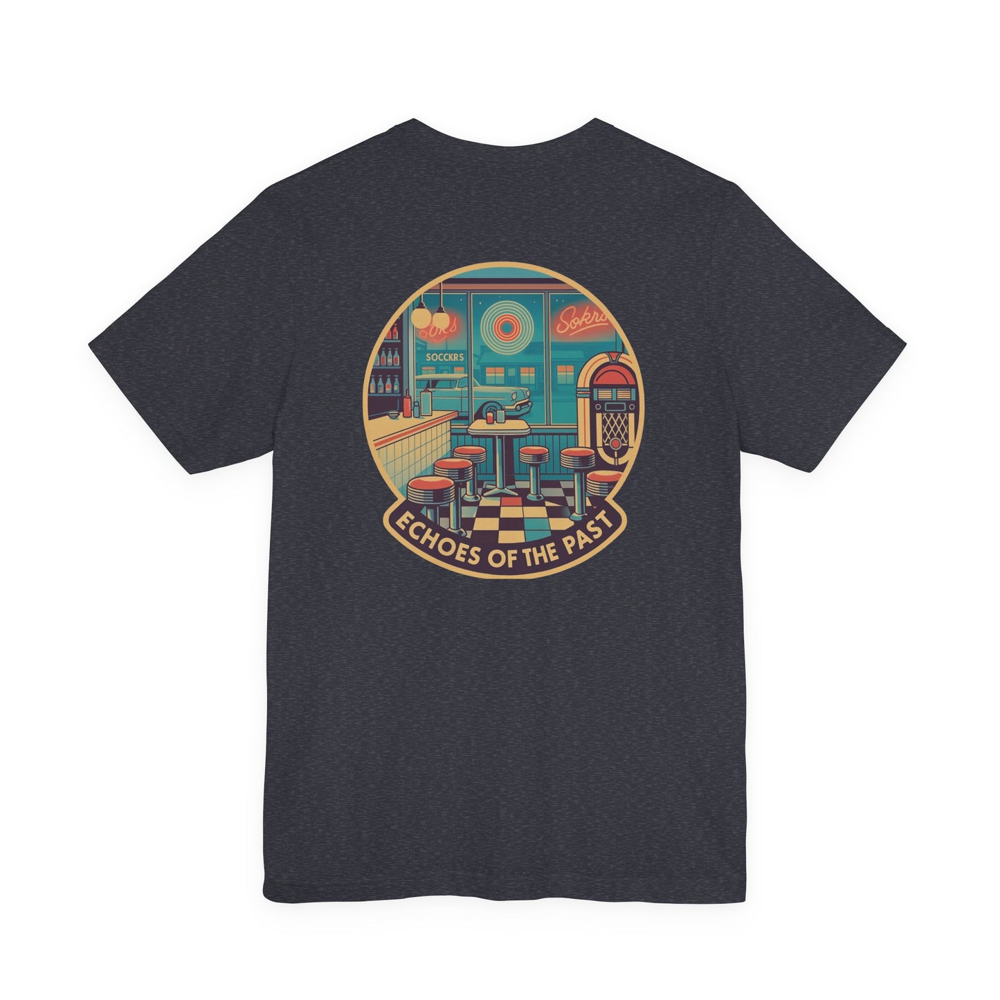 Echoes of the Past Retro Diner T-Shirt – Bella Canvas 3001 Unisex Vintage 80s Jukebox Neon Graphic Tee