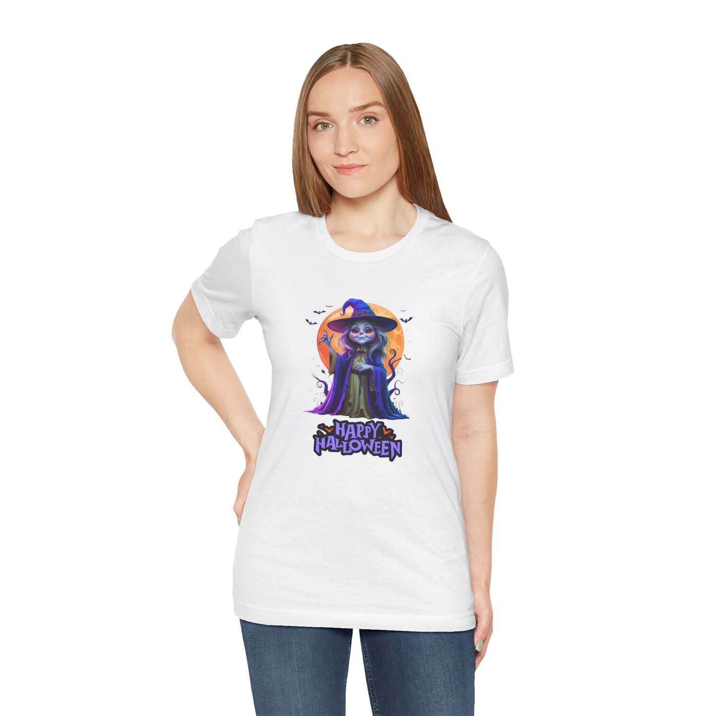 Happy Halloween Witch Shirt – Spooky Full Moon Graphic Tee – Bella Canvas 3001 – Unisex Halloween T-Shirt for Women Men