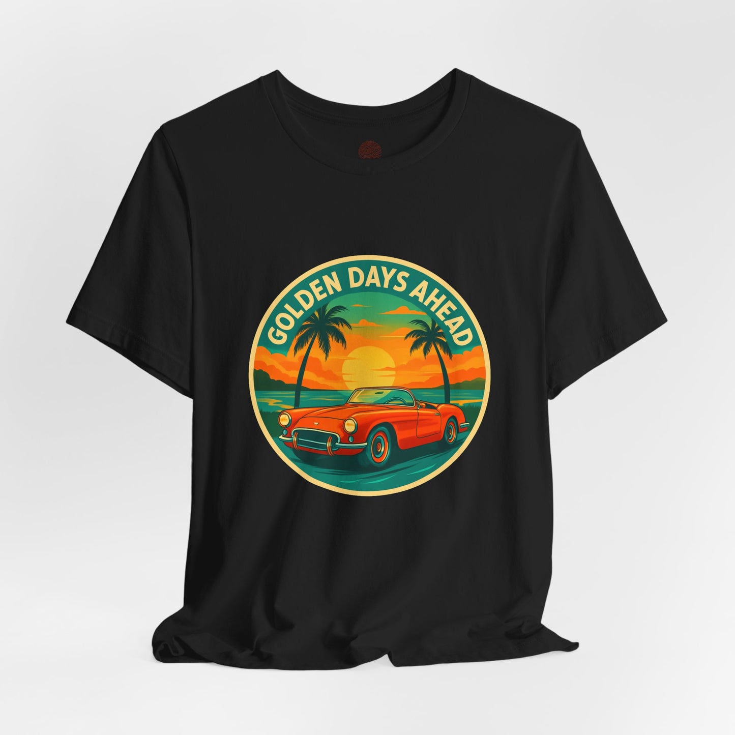 Golden Days Ahead Retro Convertible T-Shirt, Vintage Classic Car Graphic Tee, Sunset Beach Palm Trees - Unisex Jersey Short Sleeve Tee,
