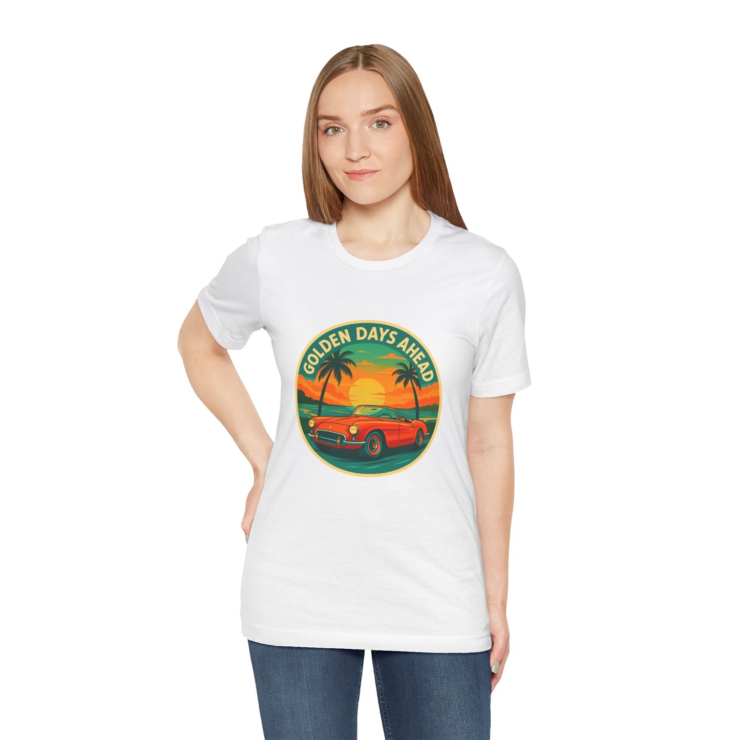 Golden Days Ahead Retro Convertible T-Shirt, Vintage Classic Car Graphic Tee, Sunset Beach Palm Trees - Unisex Jersey Short Sleeve Tee,