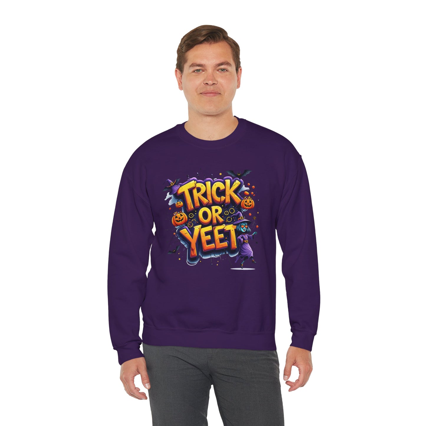 Trick or Yeet Unisex Heavy Blend Crewneck Sweatshirt – Funny Witch & Pumpkin Halloween Pullover