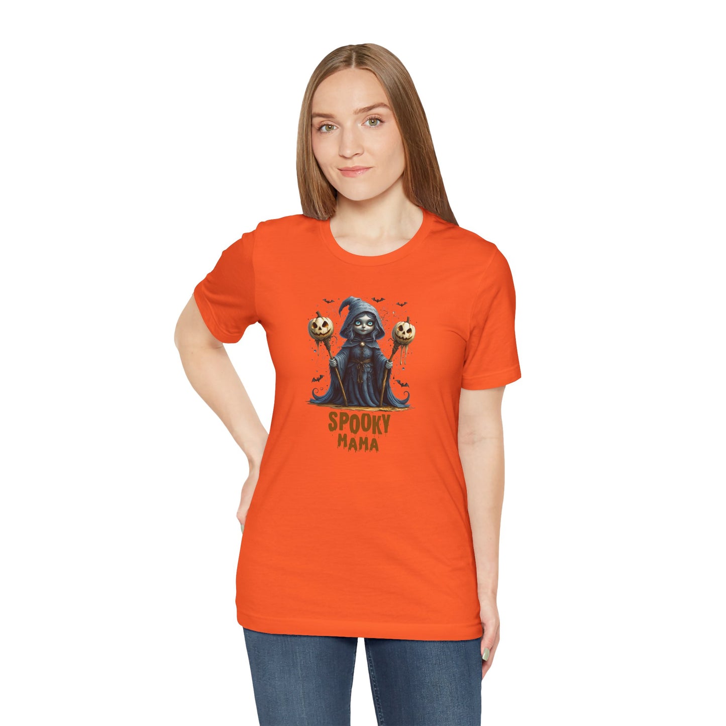 Spooky Mama Halloween Shirt – Gothic Witch Pumpkin Graphic Tee – Bella Canvas 3001 – Cute Halloween T-Shirt for Women