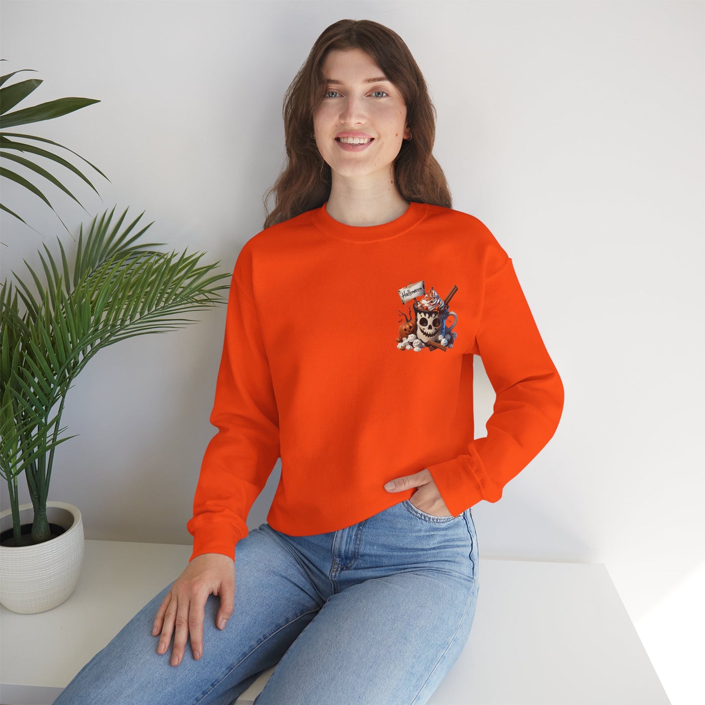 Halloween Skull Coffee Sweatshirt – Spooky Pumpkin Latte Fall Sweater – Cozy Autumn Skull Cup Pullover-Gildan 18000