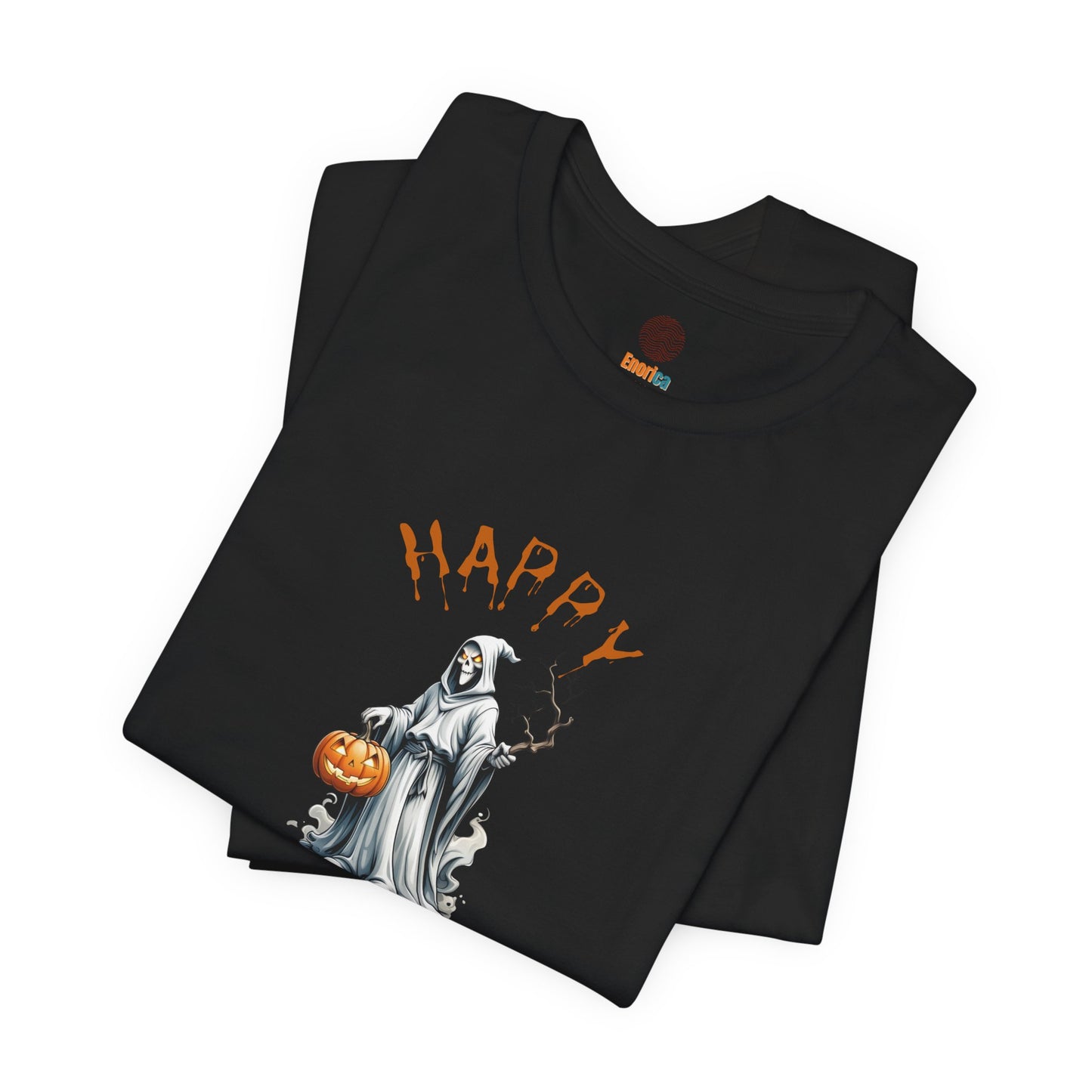 Happy Halloween Ghost Shirt – Spooky Pumpkin Graphic Tee – Bella Canvas 3001 – Unisex Cute Halloween T-Shirt for Women Men