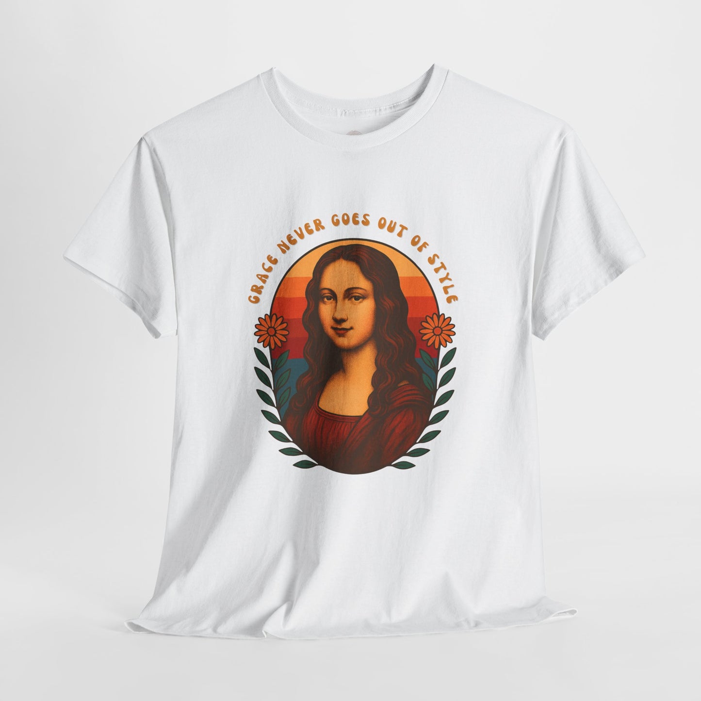 Retro Mona Lisa Unisex Heavy Cotton Tee - Vintage Aesthetic Graphic Shirt, 70s Art Tee, Trendy Gildan 5000 Top, Grace Never Goes Out of
