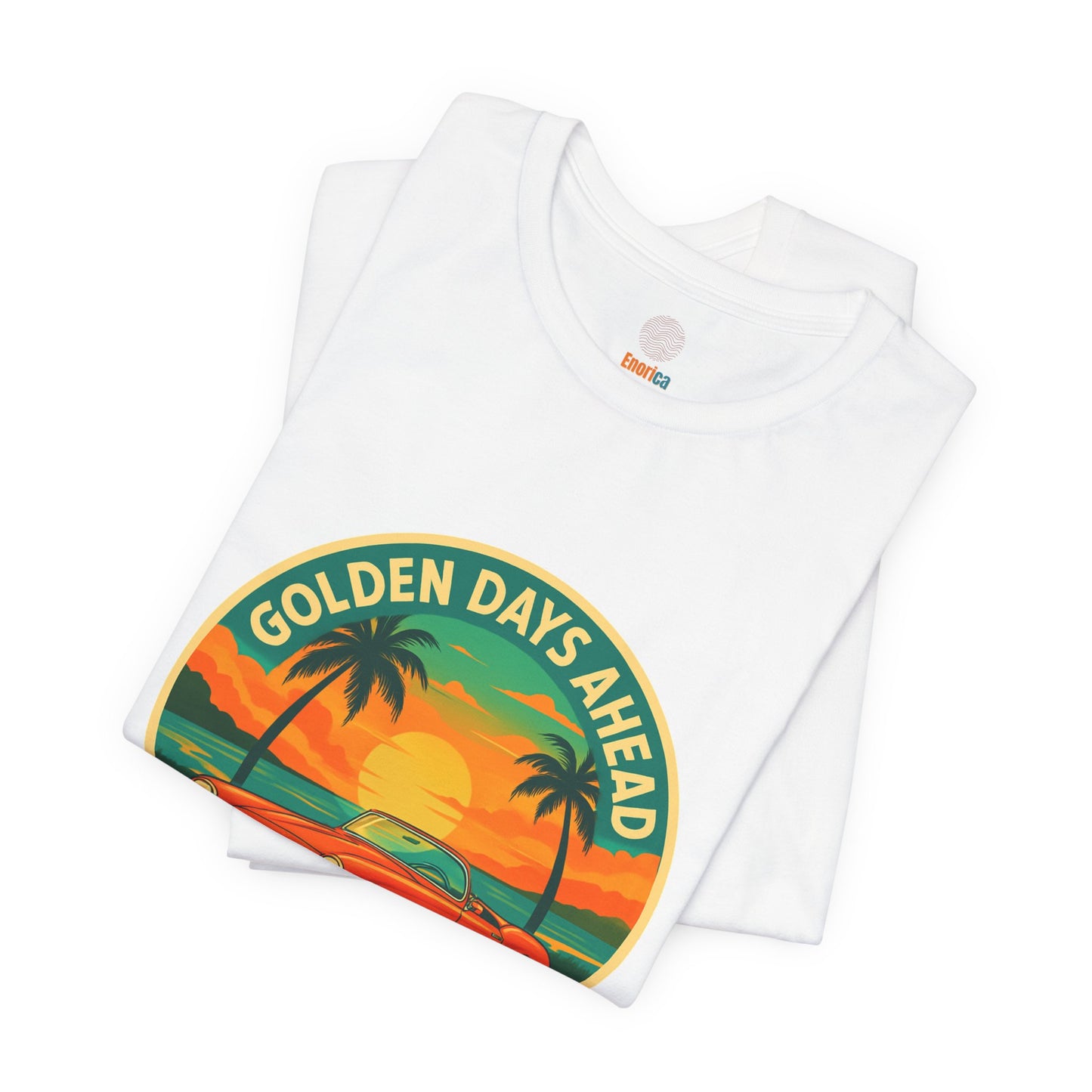 Golden Days Ahead Retro Convertible T-Shirt, Vintage Classic Car Graphic Tee, Sunset Beach Palm Trees - Unisex Jersey Short Sleeve Tee,