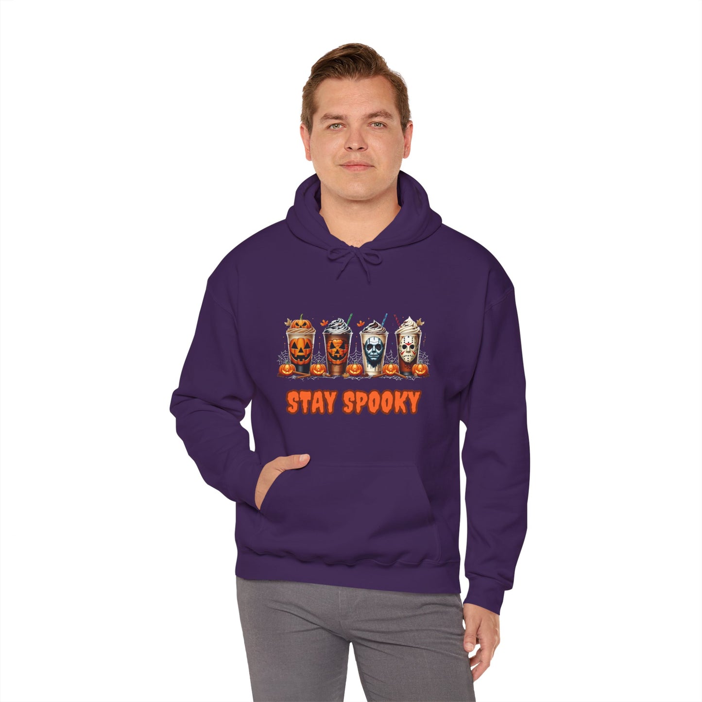 Stay Spooky Halloween Horror Hoodie – Pumpkin Skull Coffee Cup Graphic – Michael Myers Jason Inspired – Gildan 18500 Unisex Pullover